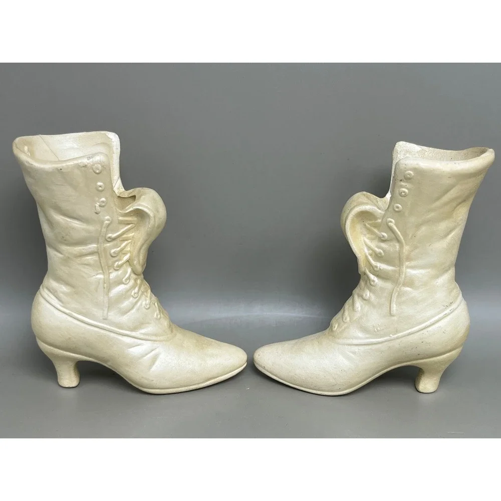 Vtg Victorian Ceramic Boot Wall Pocket Vases Cream Pearlized Pair 3.25